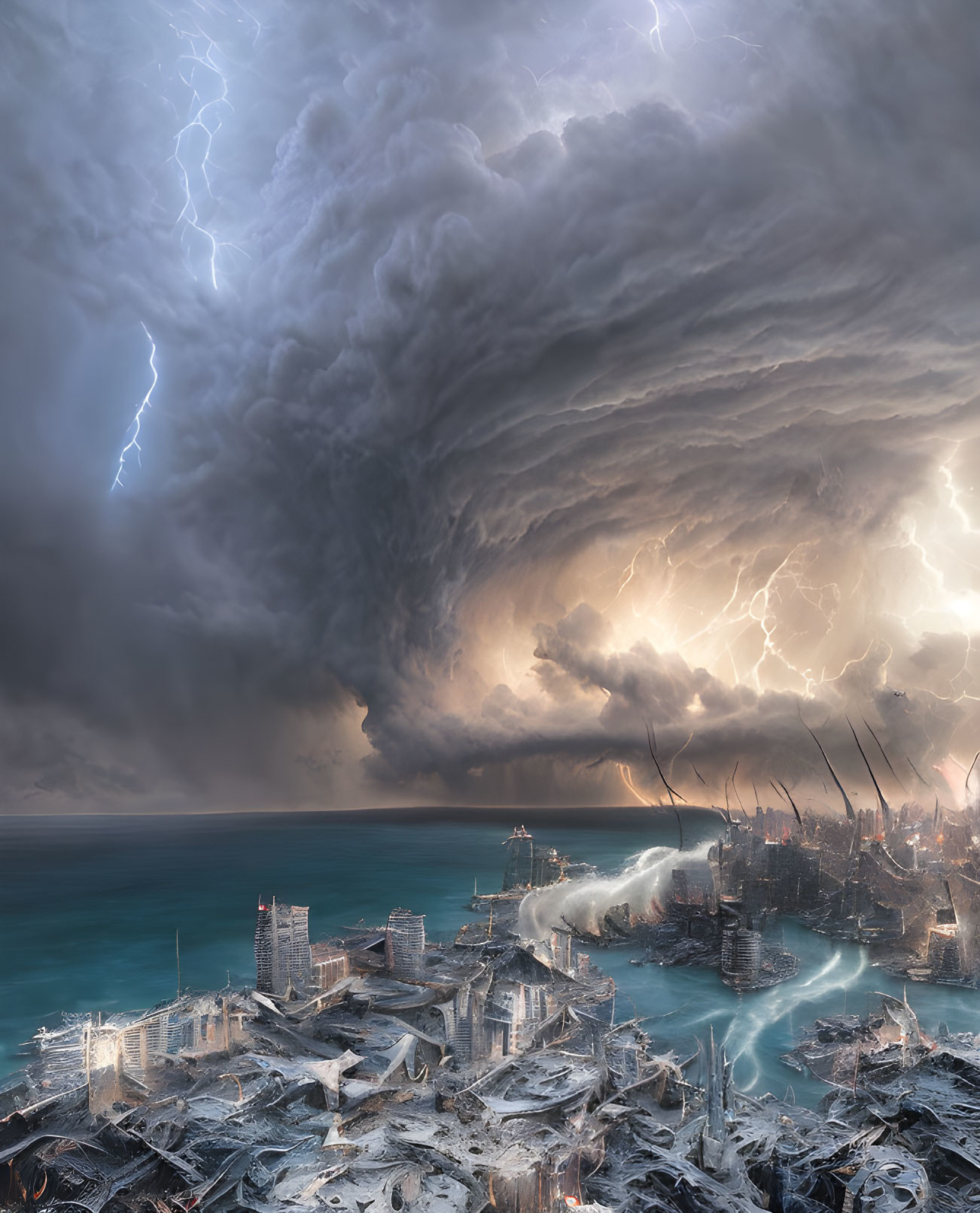 Apocalyptic cityscape engulfed by storm and tornadoes