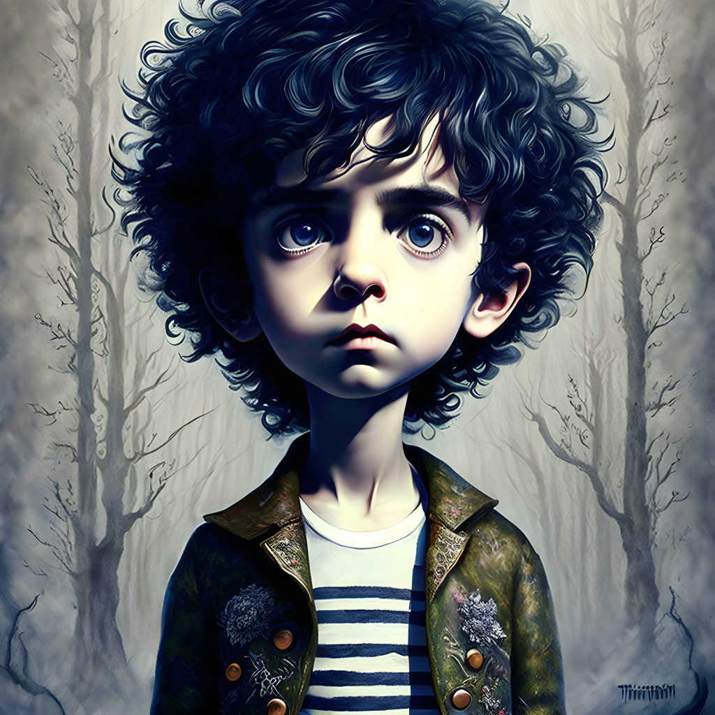 Young boy with expressive eyes and curly hair in striped shirt and jacket against forest backdrop