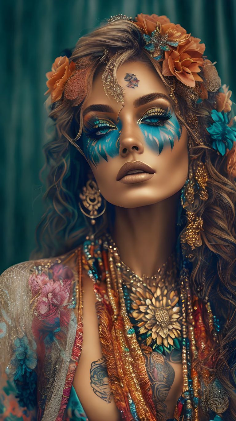 Elaborate Blue Makeup and Ornate Jewelry on Woman with Orange Floral Hair Accessories