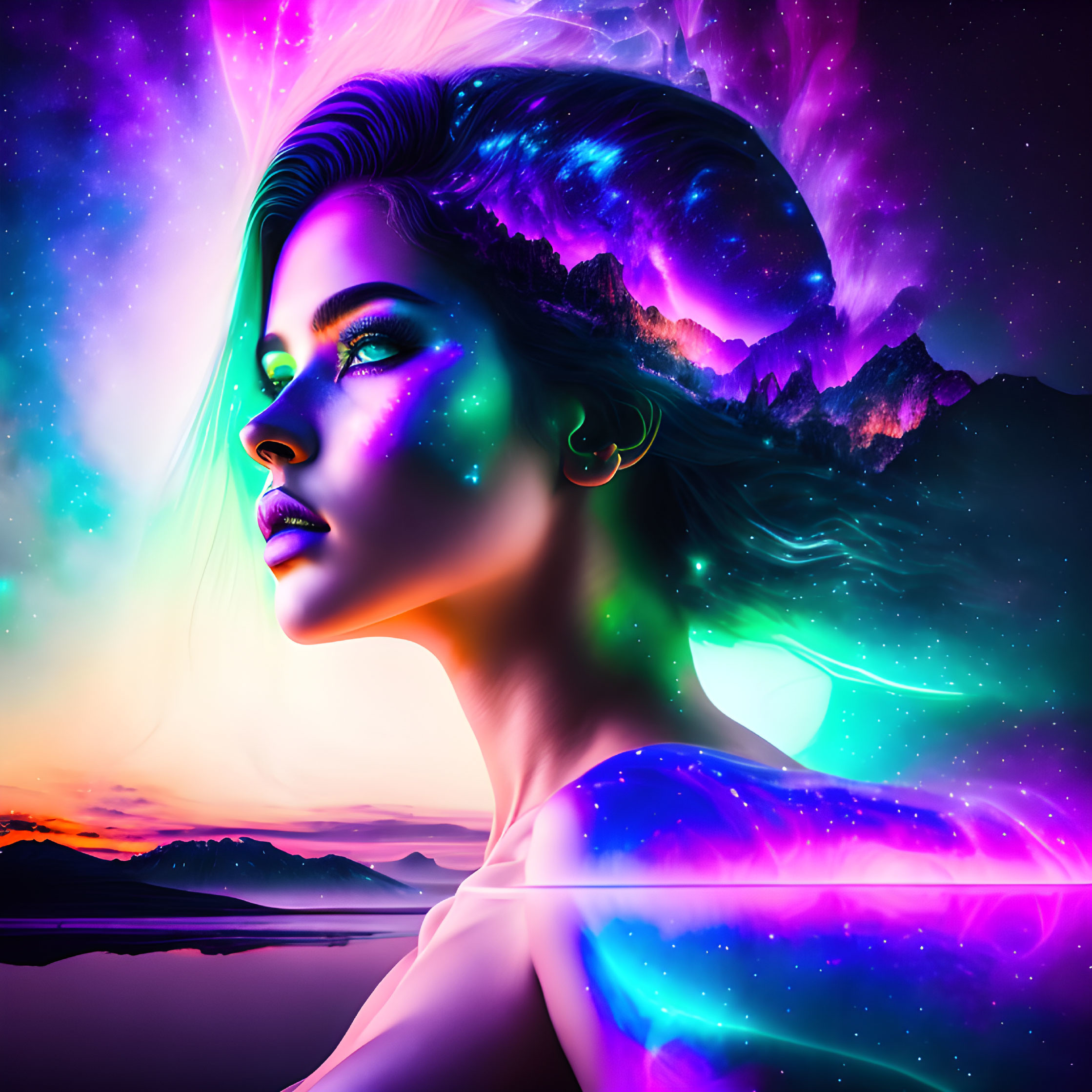 Colorful cosmic-themed portrait of a woman blending with starry nightscape.