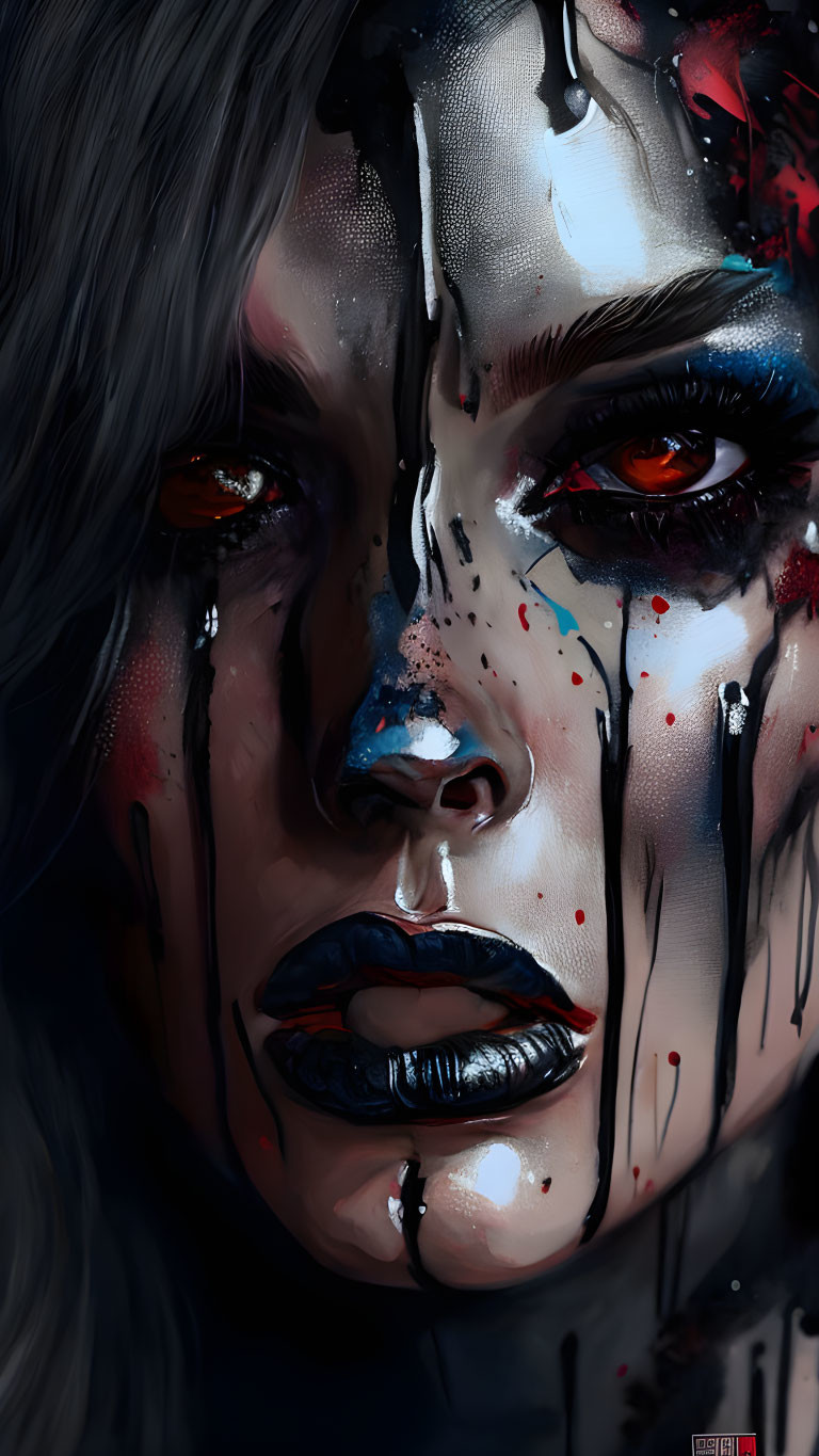 Intense woman's face with black makeup and red eyes in digital painting