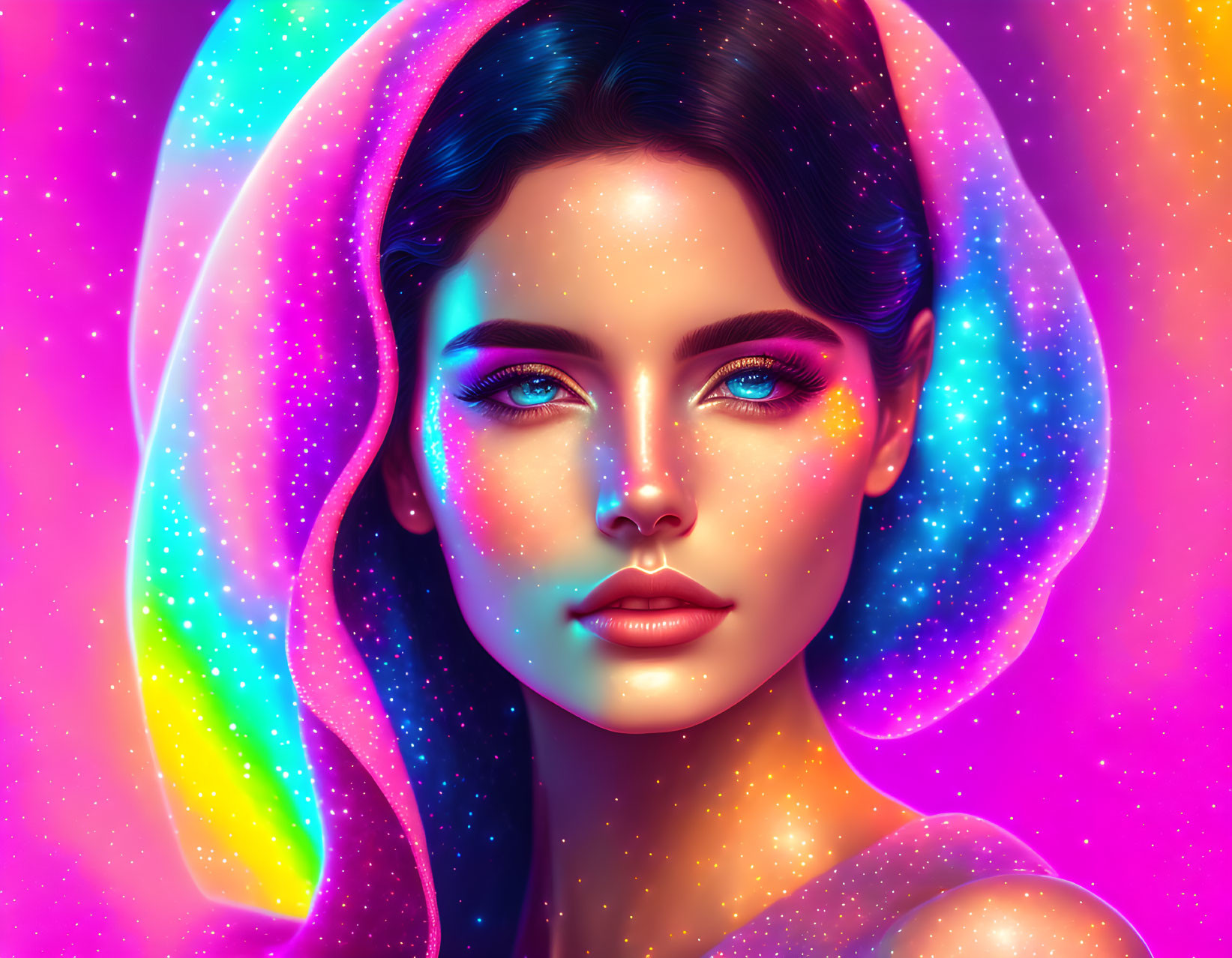 Colorful digital portrait of a woman with luminous skin in cosmic setting with galaxy hood.