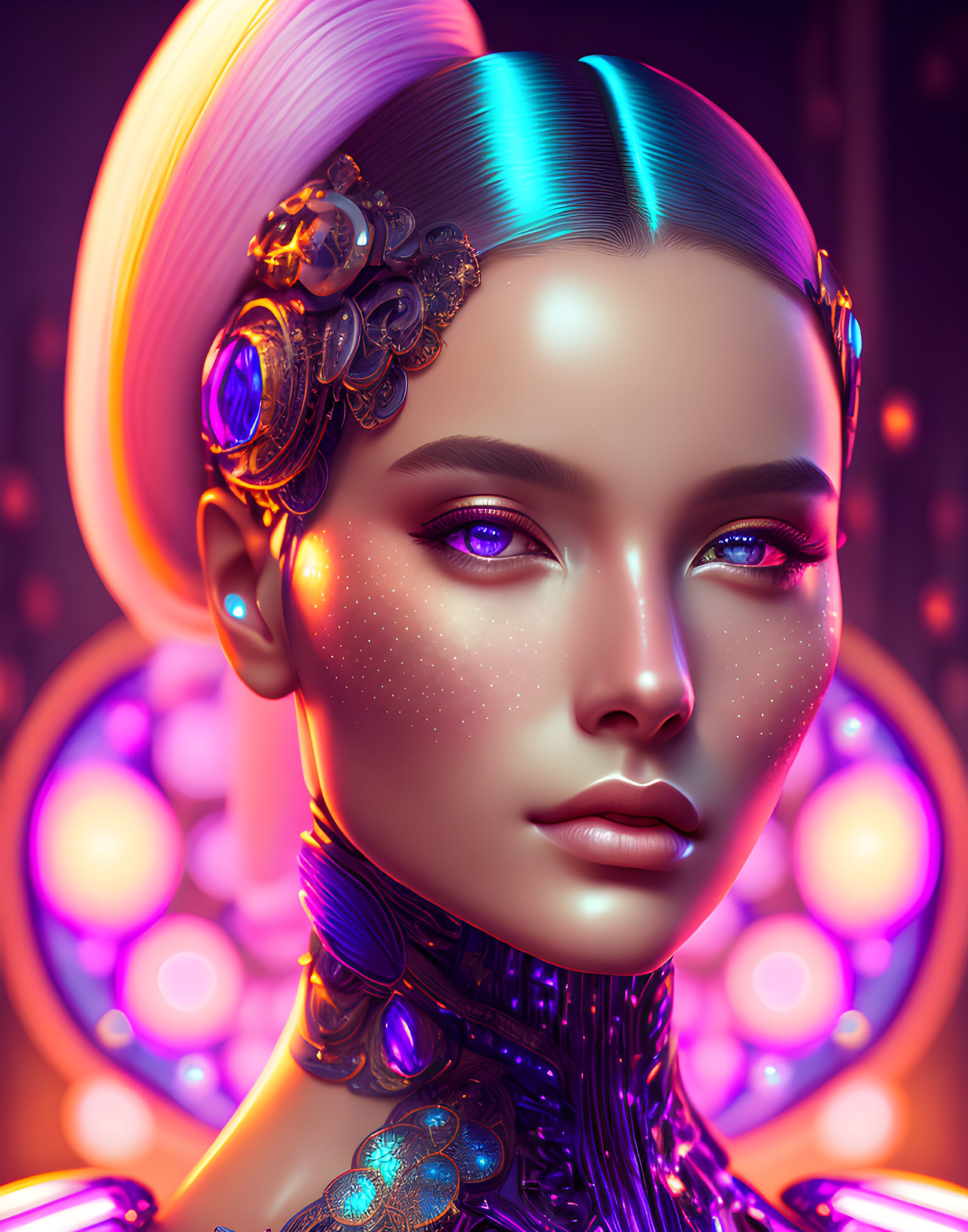 Iridescent Hair and Golden Accessories on Futuristic Female Figure