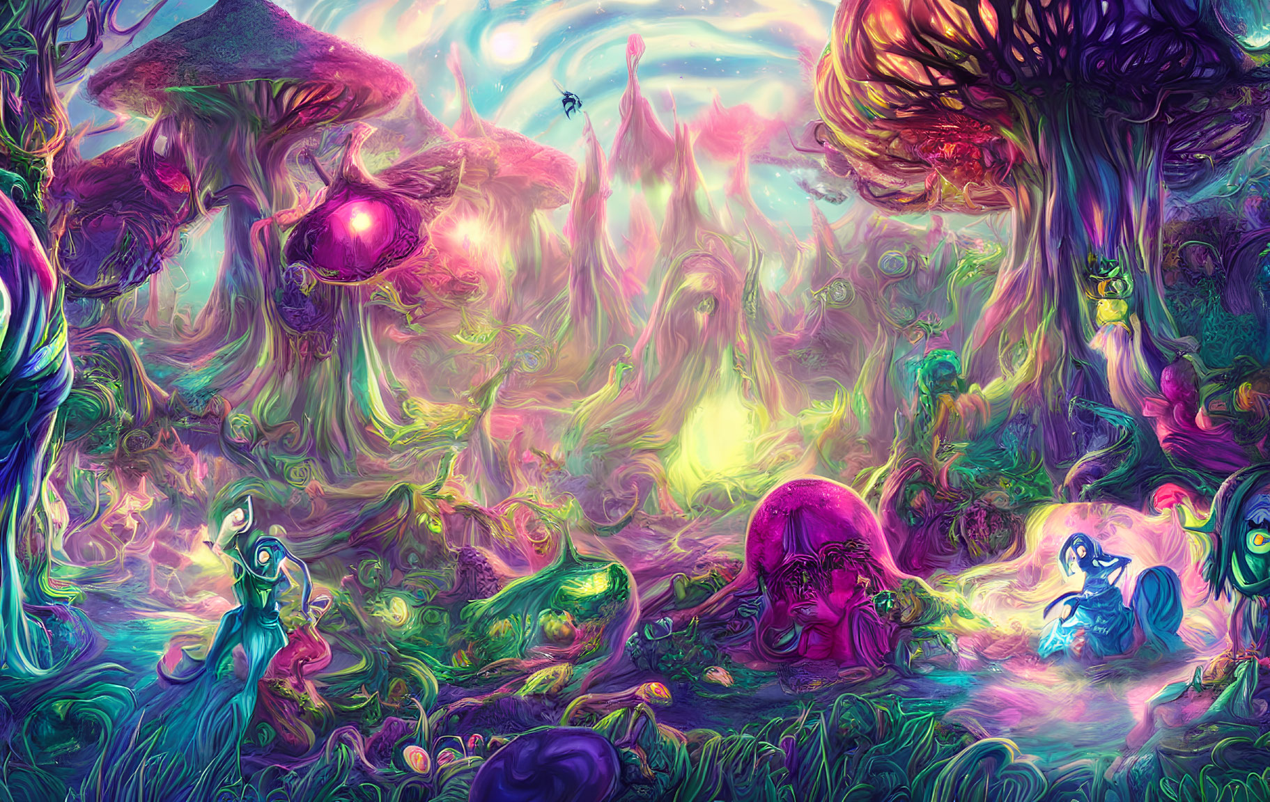 Colorful Psychedelic Landscape with Oversized Mushrooms and Fantastical Creatures