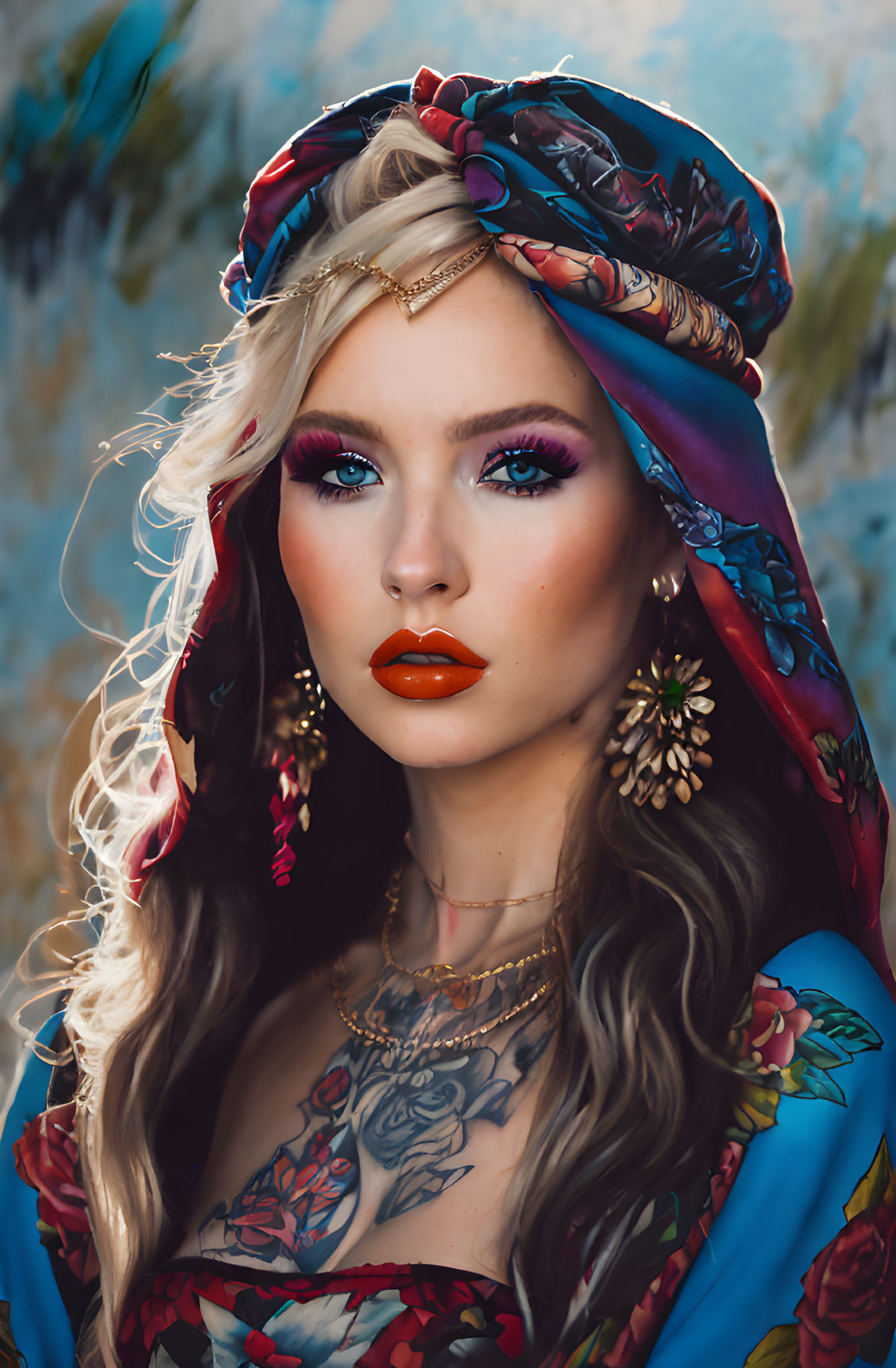 Colorful Headscarf and Boho-Chic Style on Woman with Dramatic Makeup