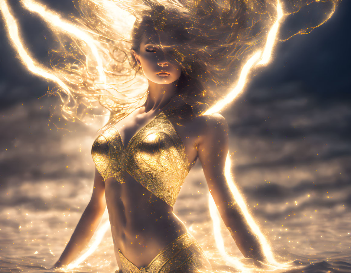 Mystical woman with glowing golden hair in sparkling attire