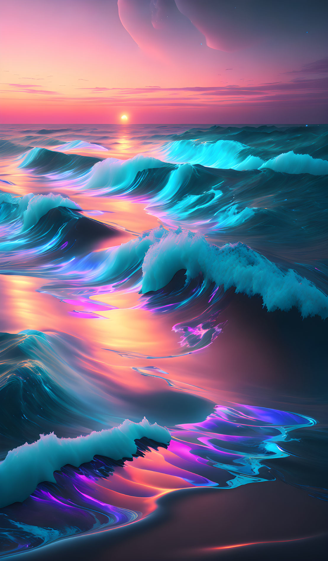 Colorful sunset over ocean with luminescent waves in shades of blue and purple