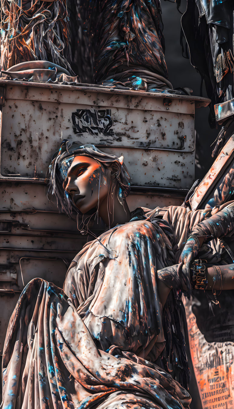 Vandalized mannequin with graffiti in urban decay.