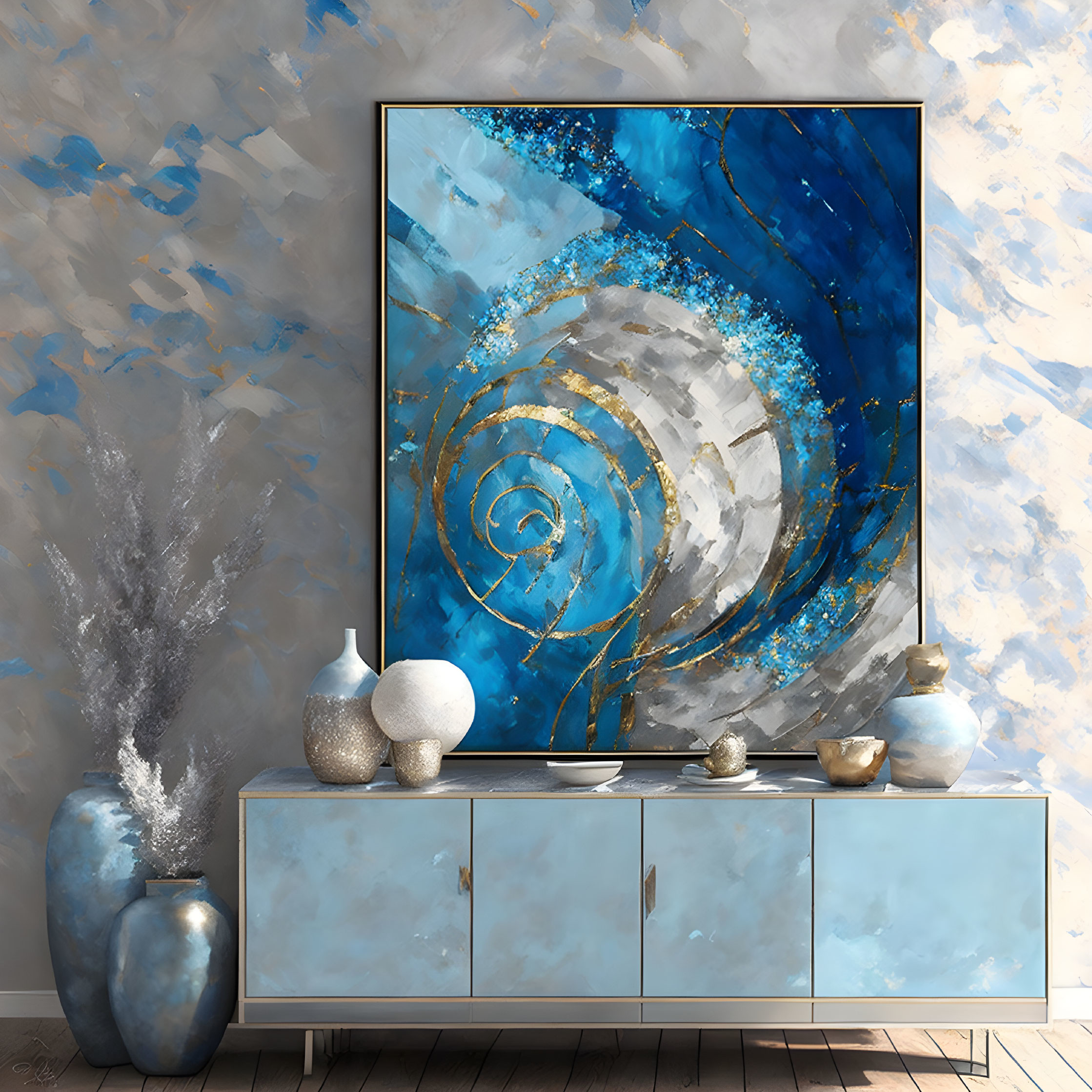 Abstract Blue and Gold Swirl Painting Above White Console Table in Textured Wall Room