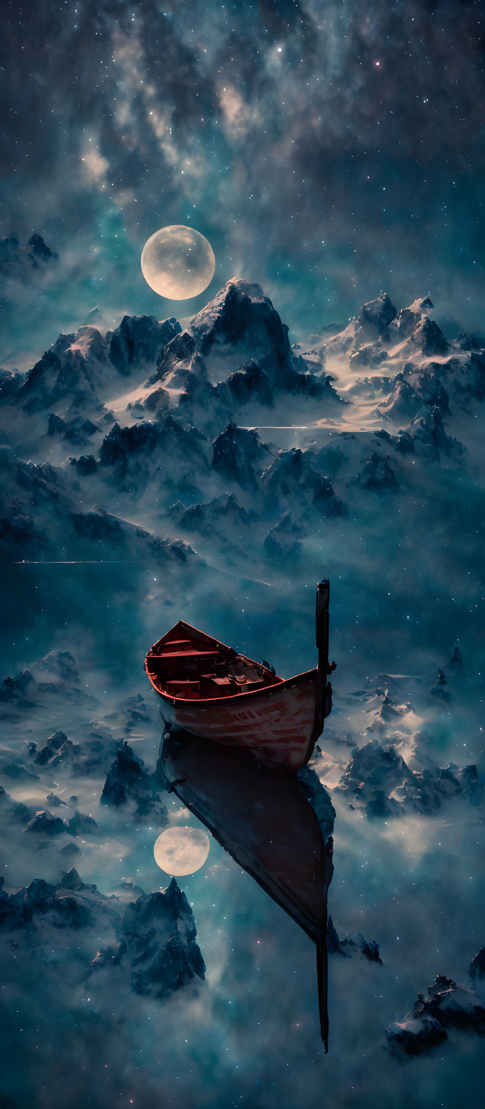 Red boat on serene waters under starry night sky with full moon