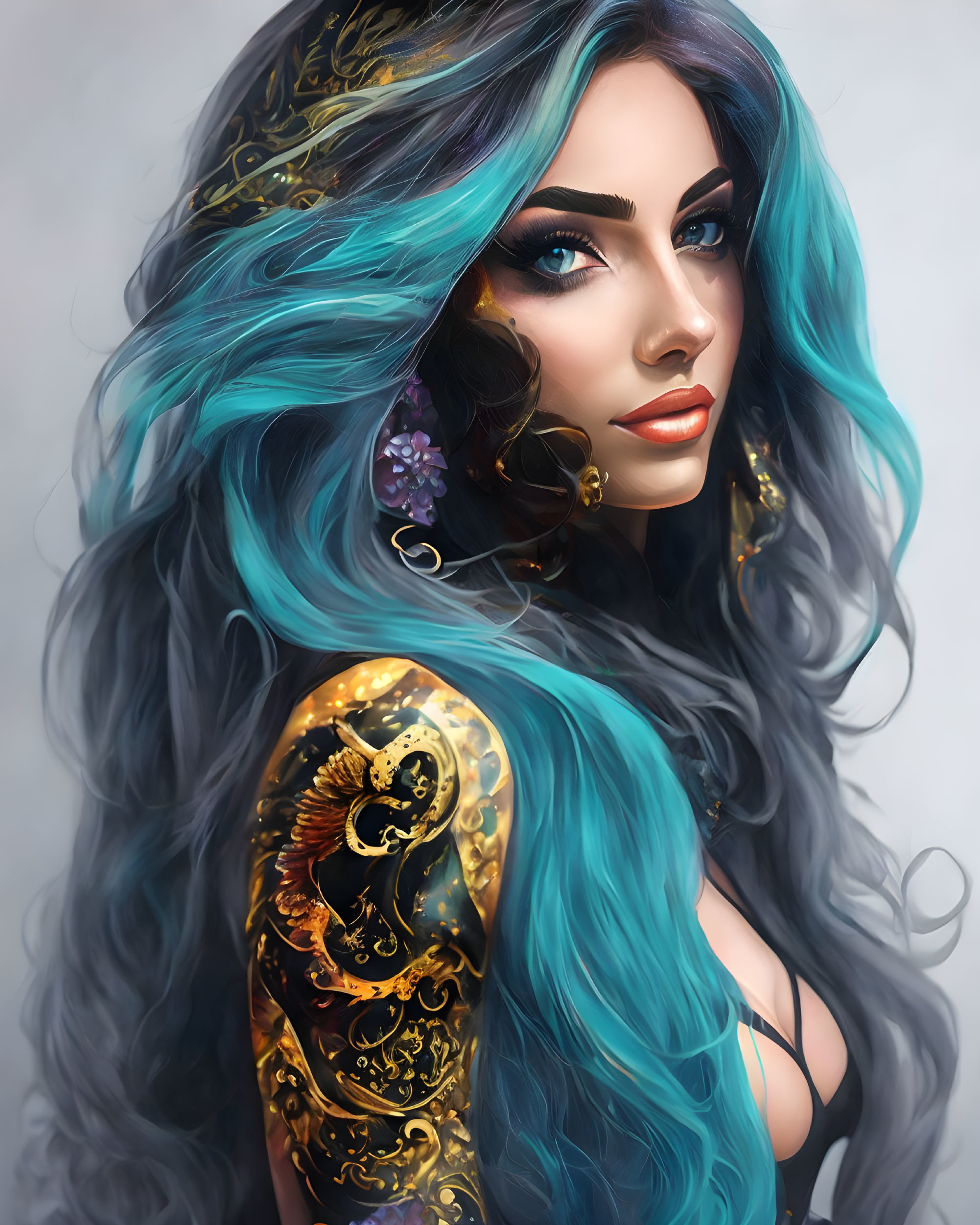 Portrait of woman with teal hair, gold accessories & intricate arm tattoo