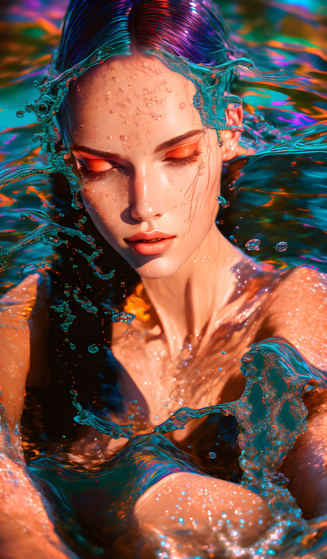 Vibrant turquoise hair woman portrait submerged in water