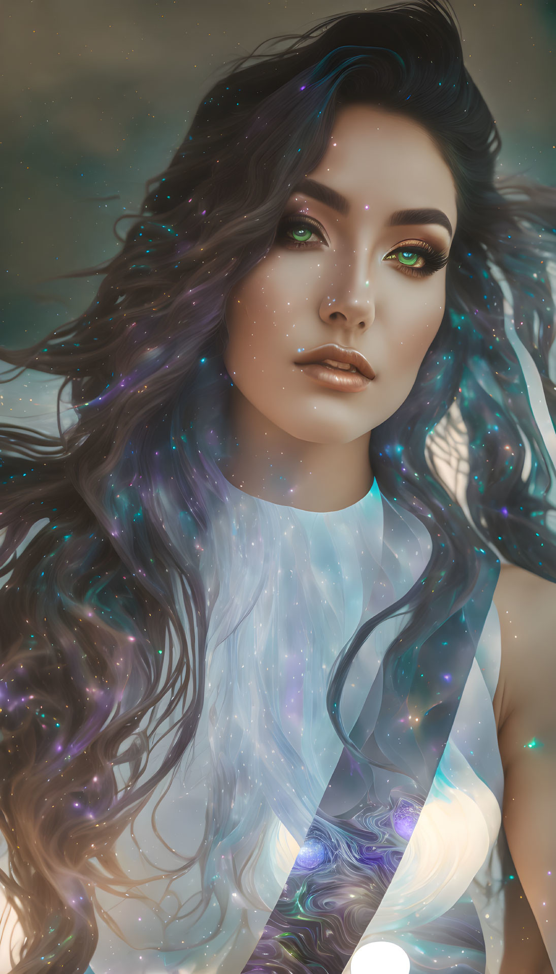 Digital illustration: Woman with dark hair, cosmic elements, green eyes, ethereal attire, celestial glow