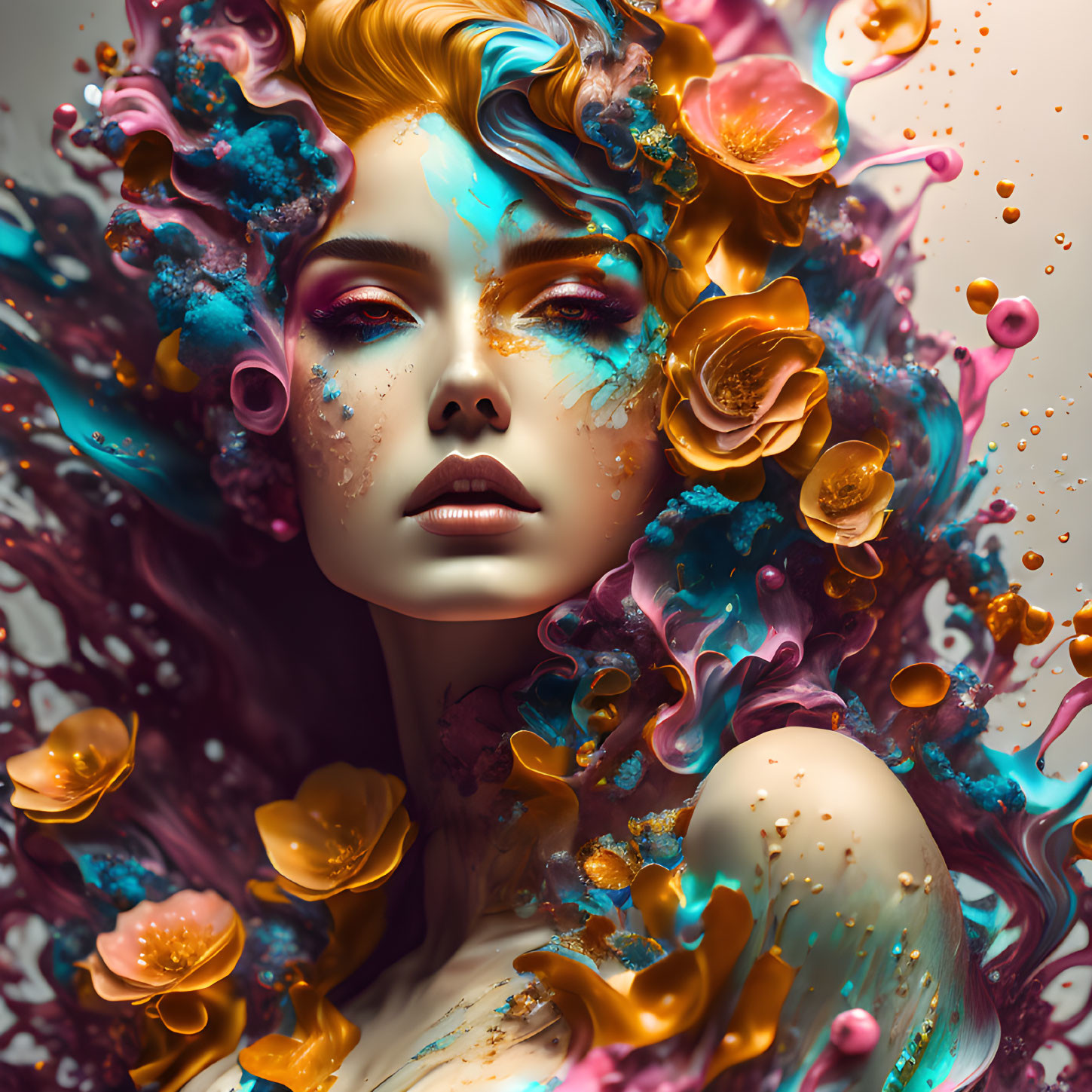 Colorful digital artwork: Woman surrounded by blue, pink, and gold abstract elements