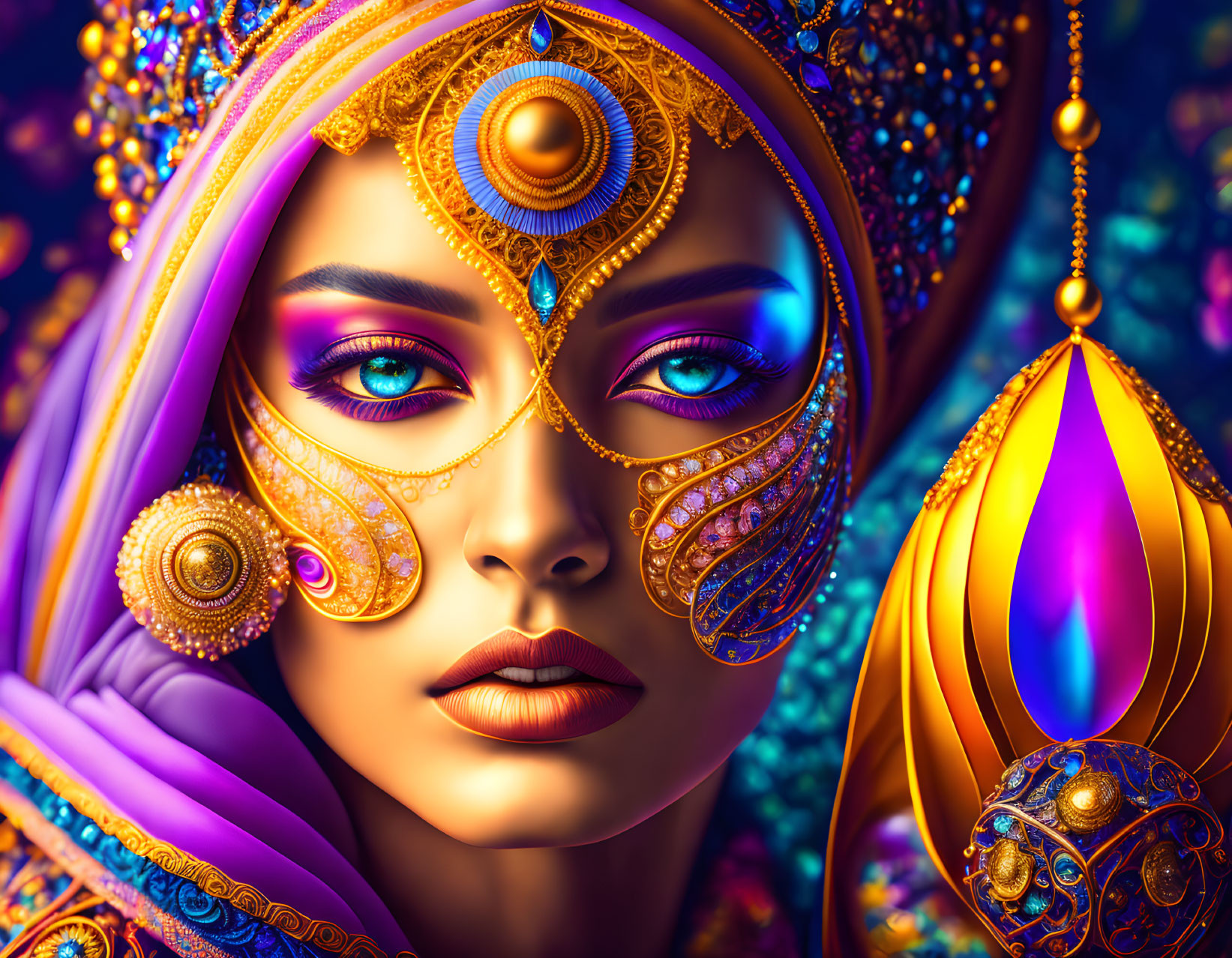 Colorful digital artwork: Woman in gold jewelry with purple eye makeup