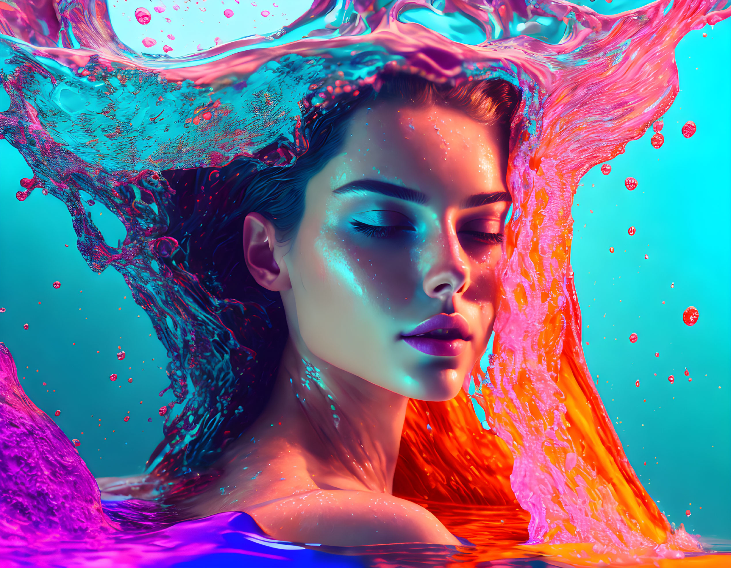 Vibrant digital artwork of woman in water with pink and blue swirls