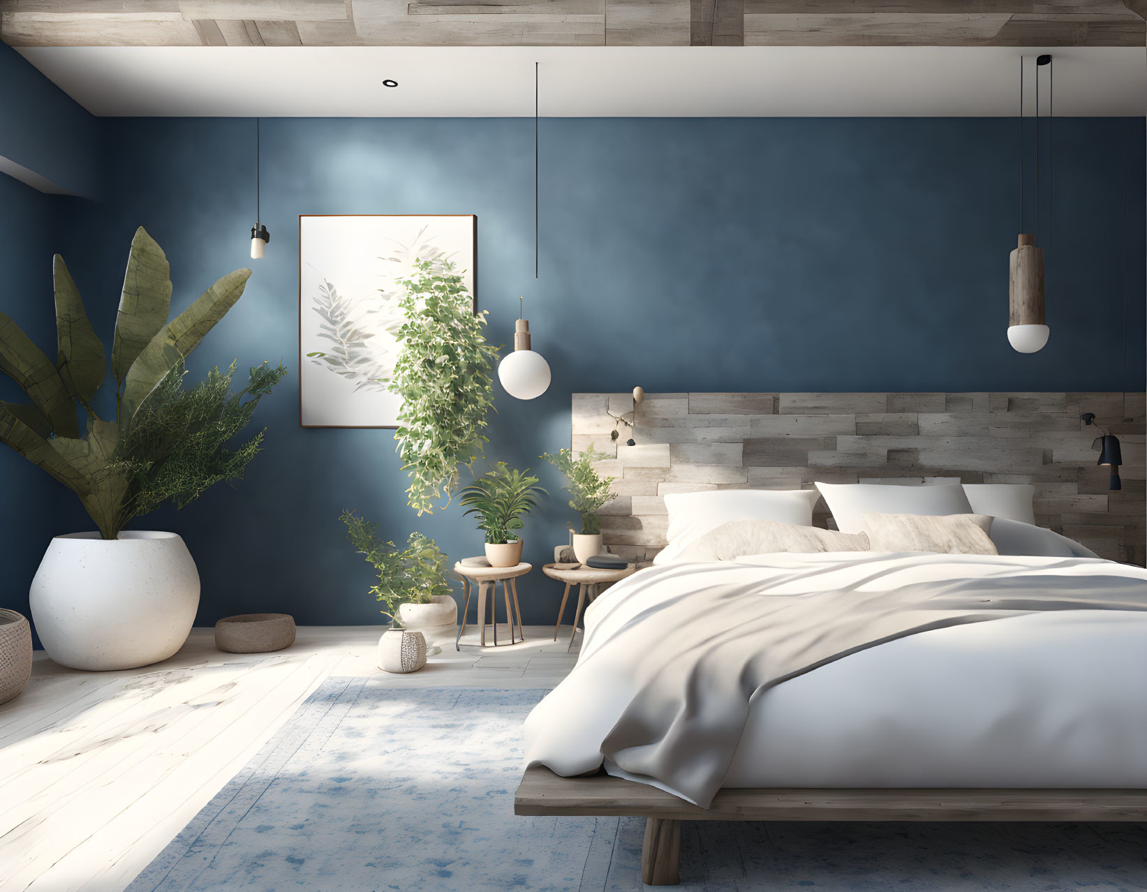 Spacious modern bedroom with blue walls, large bed, pendant lights, and decorative plants