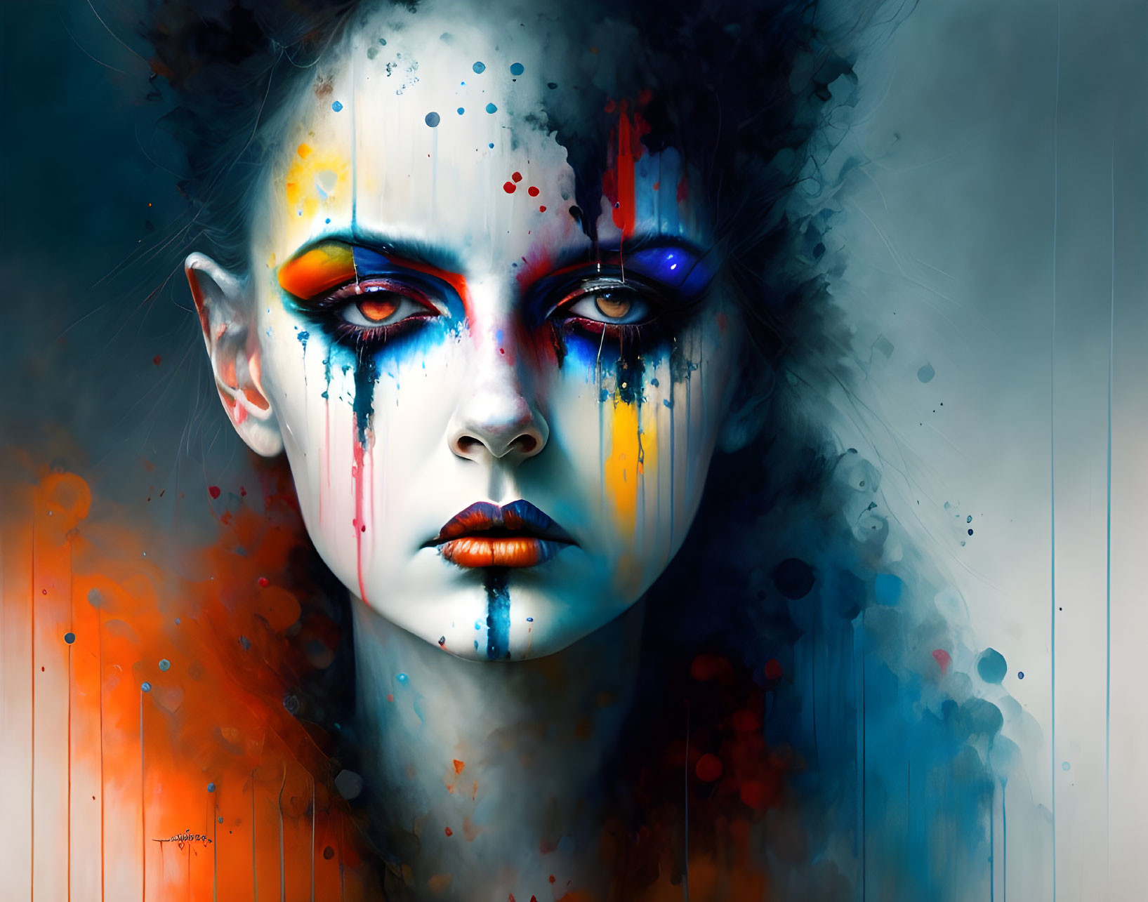 Colorful digital artwork: Female face with vibrant paint drips