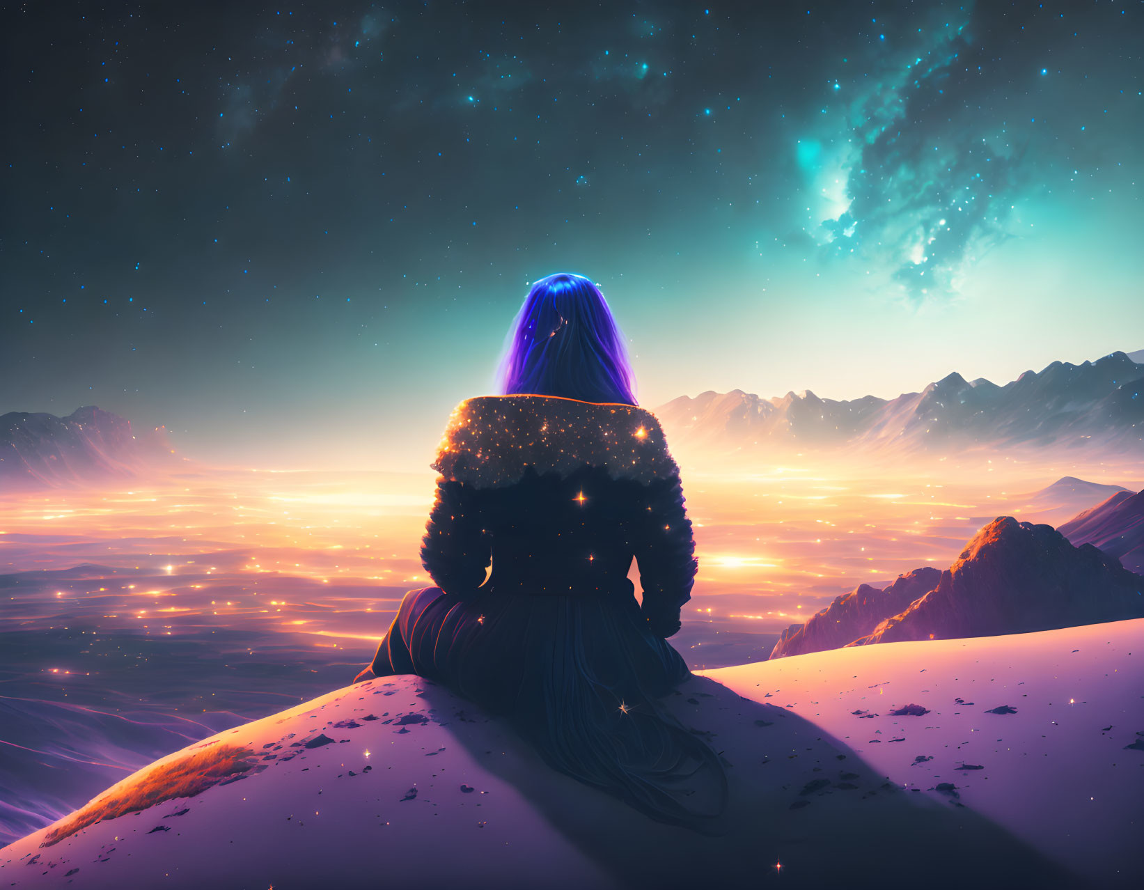 Glowing purple-blue hair person on snowy hill with starry landscape