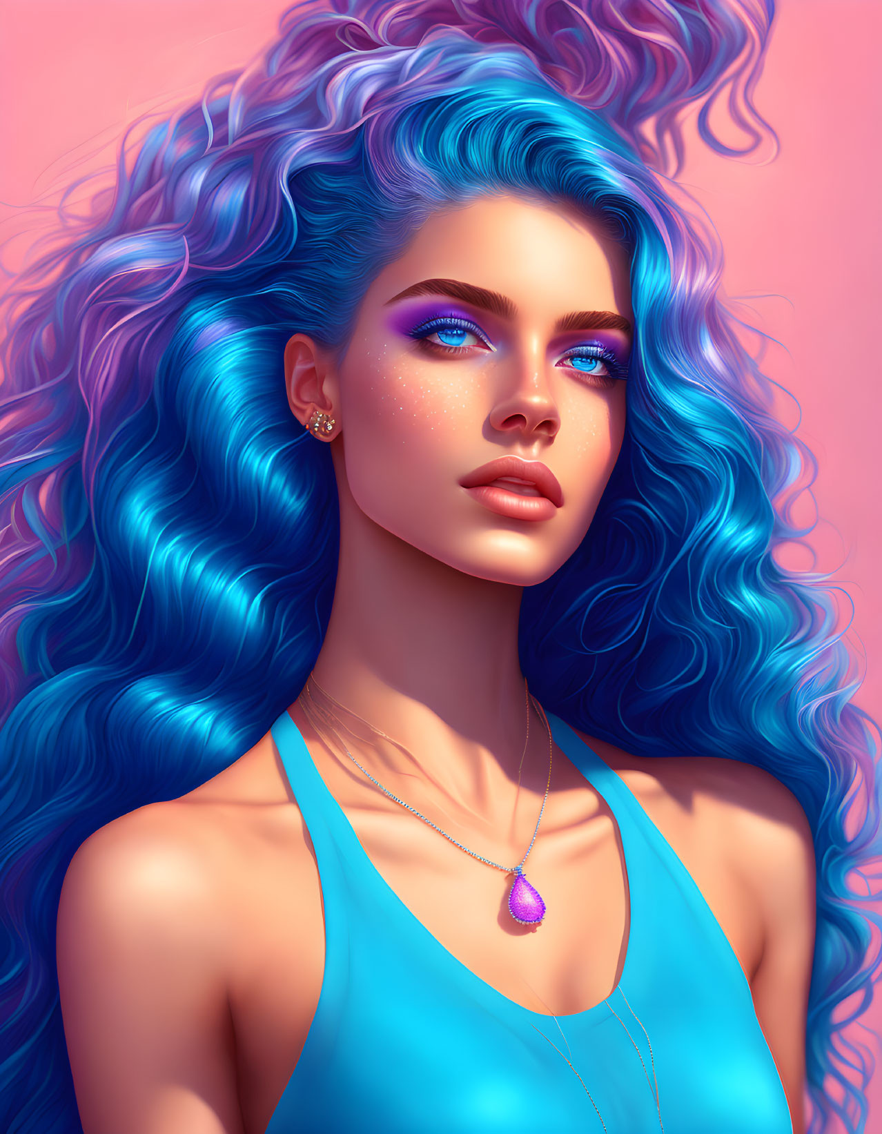 Vibrant blue hair woman portrait with blue eyes and gemstone necklace