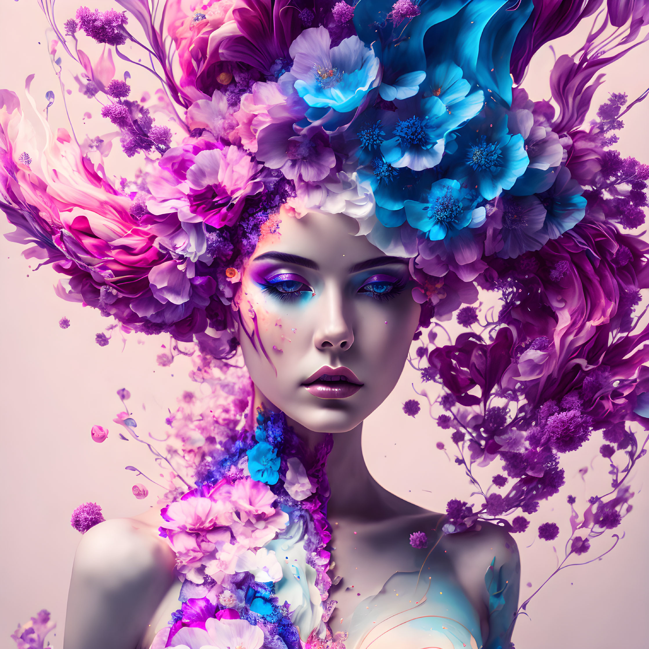 Vibrant purple and pink floral elements in surreal portrait