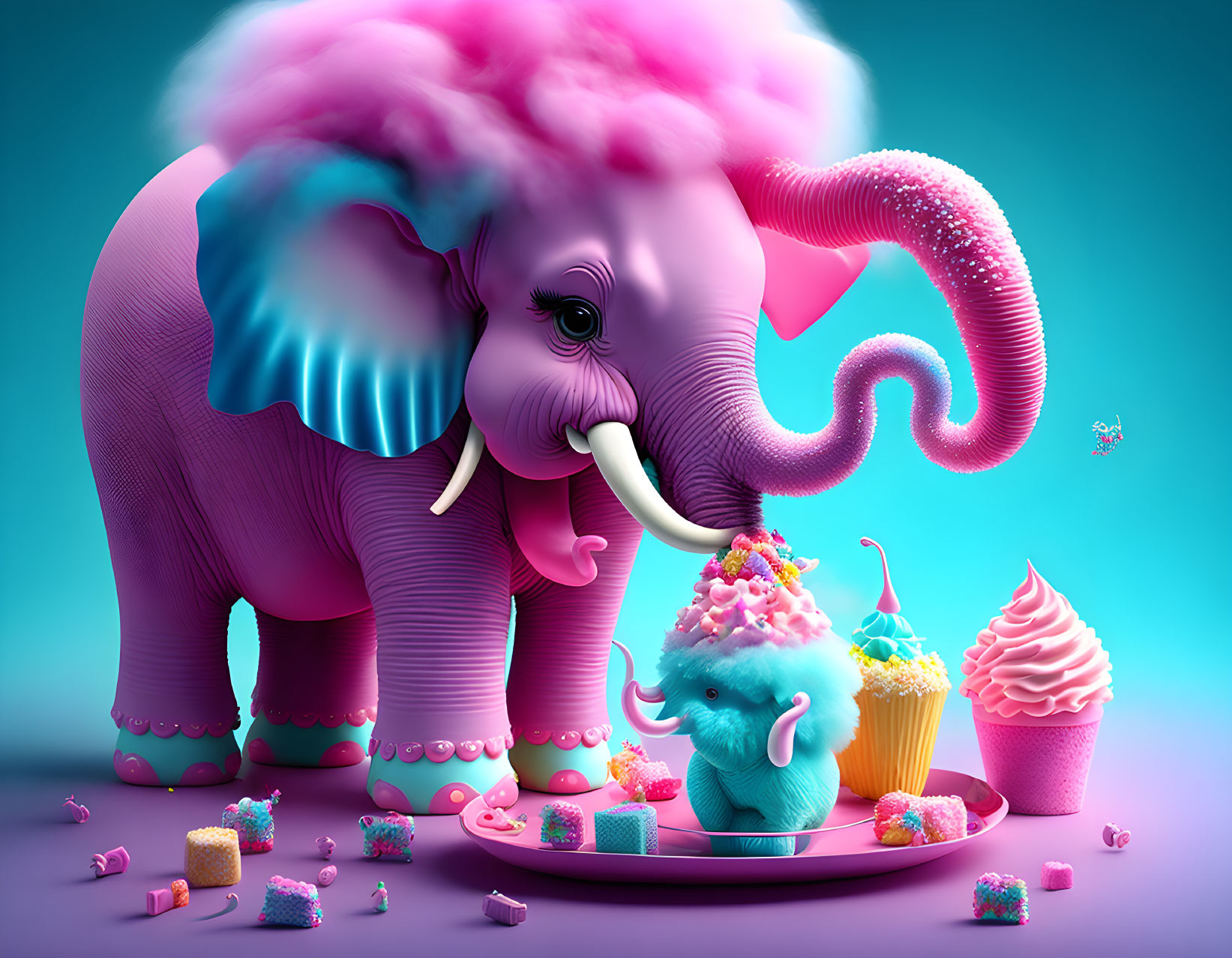 Colorful Pink Elephant Illustration with Sweet Treats and Blue Companion