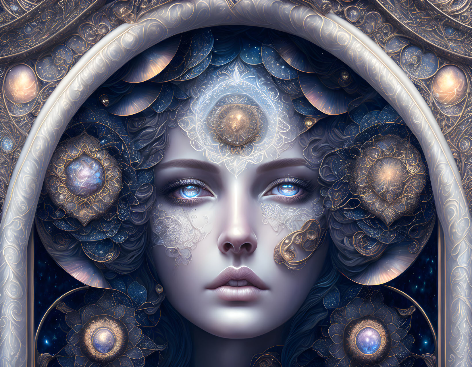 Intricate surreal portrait with celestial motifs and luminous symbol