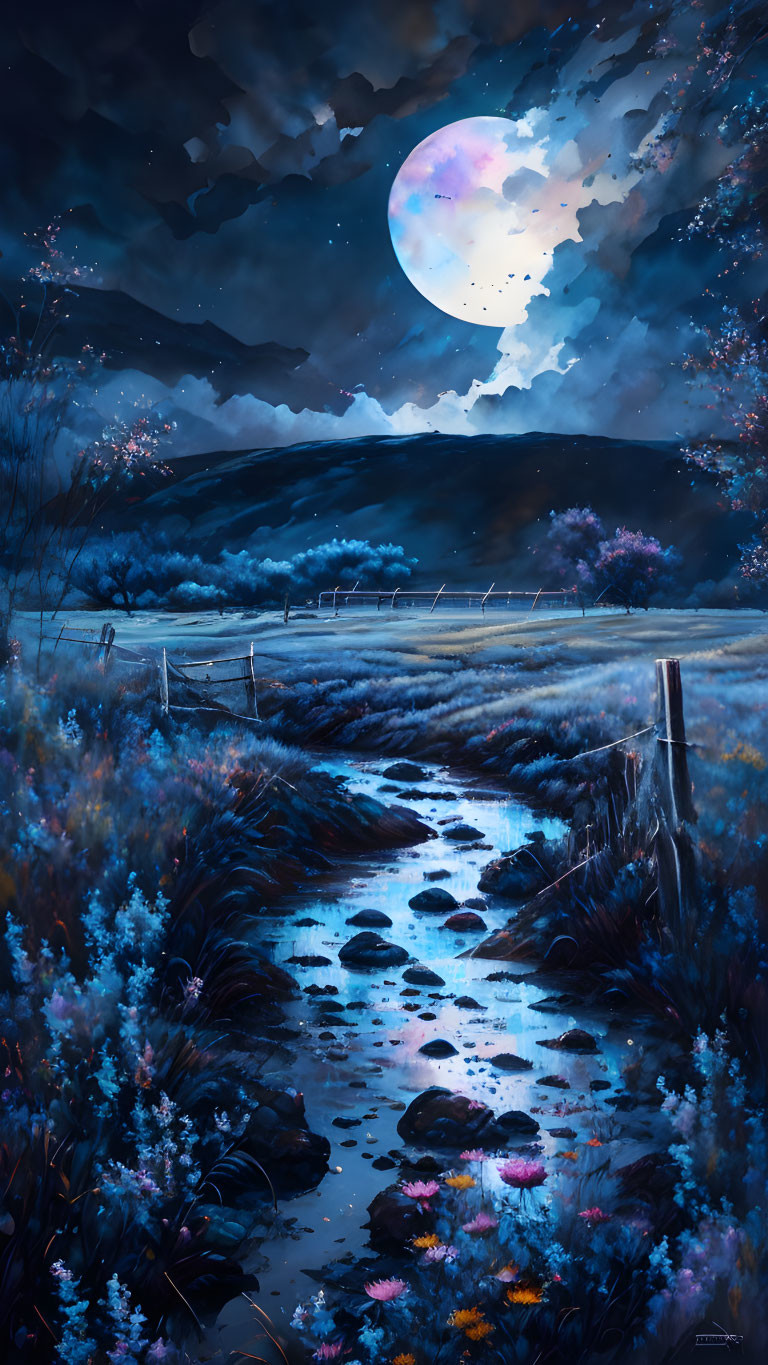 Luminous moon over flowering meadow and rolling hills