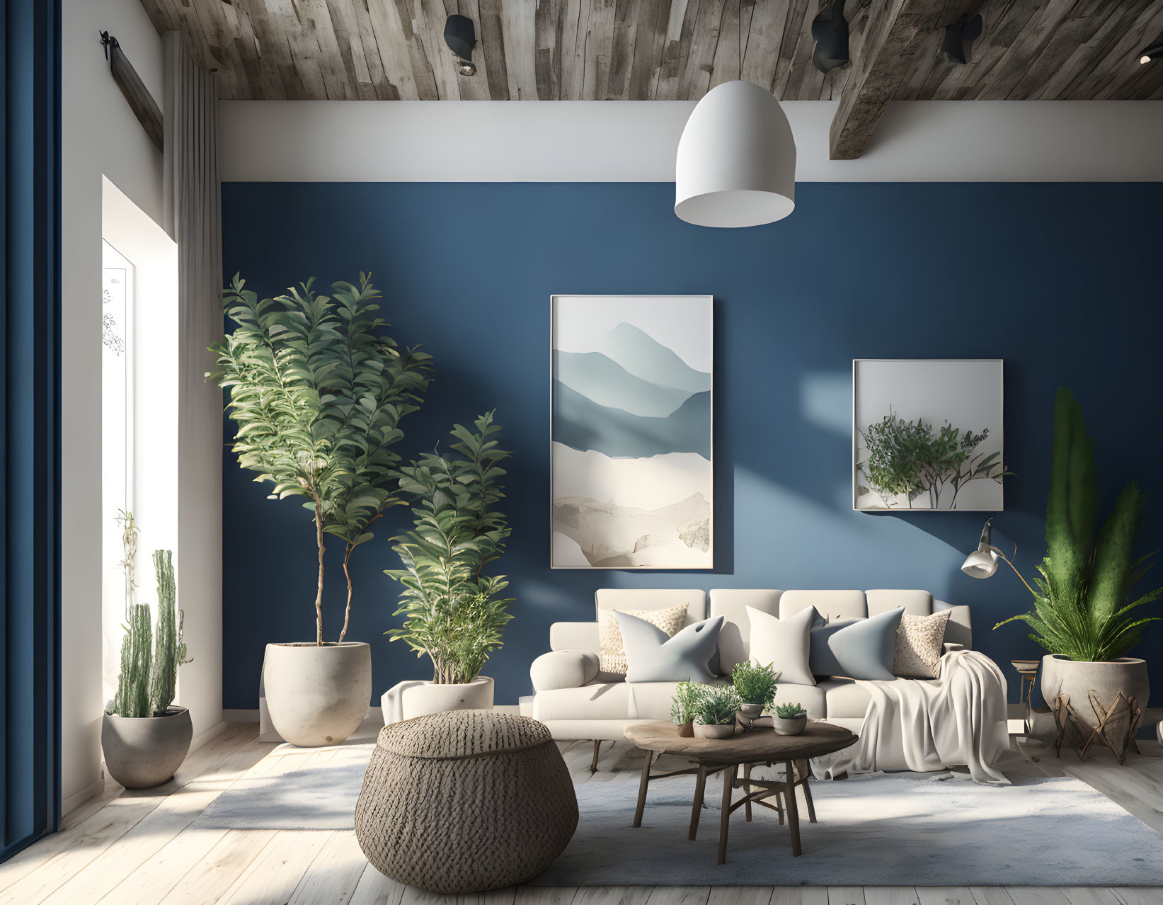 Modern living room with deep blue accent wall and serene landscape artwork