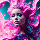 Woman with flowing hair in vibrant pink and blue underwater swirls