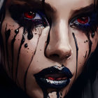 Close-up Digital Painting: Woman's Face with Red Eyes and Blue Tears