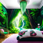 Tropical-themed bedroom with vibrant decor and green chandelier