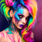 Colorful Creative Makeup on Woman with Rainbow Hair and Bold Eyeliner