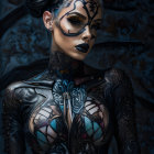 Woman with vibrant tattoos and piercings in bold makeup against graffiti backdrop