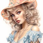 Digital Artwork: Woman with Tattoos, Floral Hat, Blue Top, Blond Hair & Striking