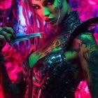 Vibrant tattooed woman with neon hair holding a blade in fantasy setting