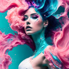 Vibrant surreal portrait: woman with blue hair and swirling flowers