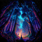 Colorful Trees Frame Starry Night Sky in Mystical Forest Illustration