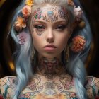 Digital artwork: Woman with ornate tattoos, piercings, blue hair, and flowers - elegant