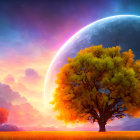 Colorful digital artwork: solitary autumn tree, mountain backdrop, sunset sky, large planet.