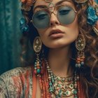 Elaborate Blue Makeup and Ornate Jewelry on Woman with Orange Floral Hair Accessories