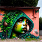 Colorful mural of woman's profile with green foliage on pink urban wall