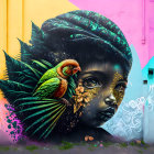 Colorful street art featuring girl with headdress and bird on vibrant wall