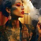 Tattooed woman exhales smoke with bold makeup and earrings