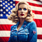 Vintage hairstyle woman in denim jacket with USA flag patches posing before American flag