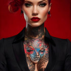 Red-haired woman with tattoos in black blazer on red background