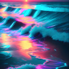 Colorful sunset over ocean with luminescent waves in shades of blue and purple