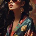 Digital portrait of a woman in sunglasses with flowing hair and floral attire