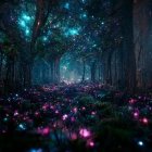 Enchanting night scene in mystical forest with glowing flowers