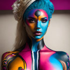 Colorful Body Paint and Headpiece in Blue, Pink, and Yellow